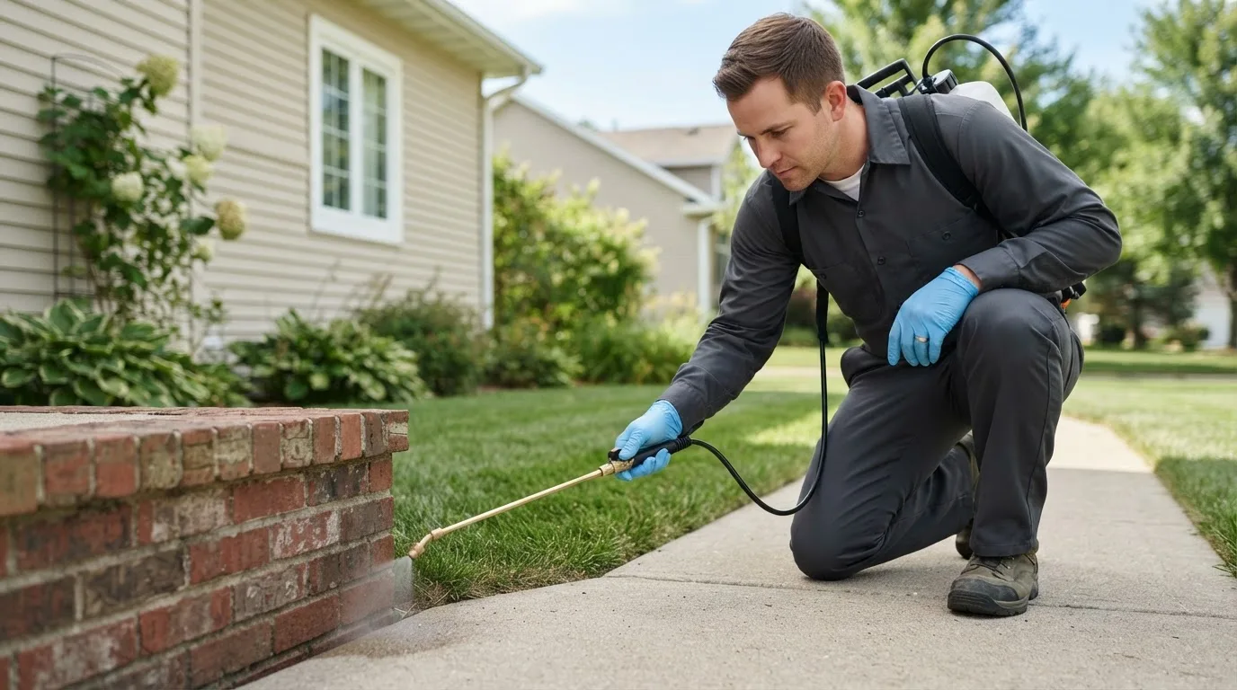 Pest control technician treating a home near East Ellijay, GA